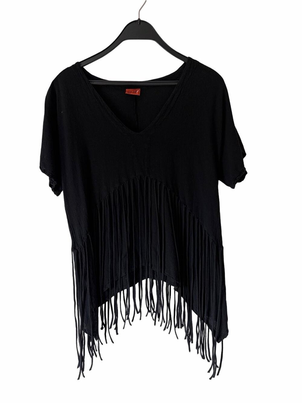 Oh My Gauze Black Cotton Boho Fringe V-Neck Top size 1 US Small